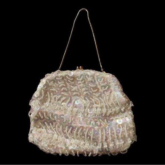 Vintage white purse, small beaded hand made, 80s vintage, wedding